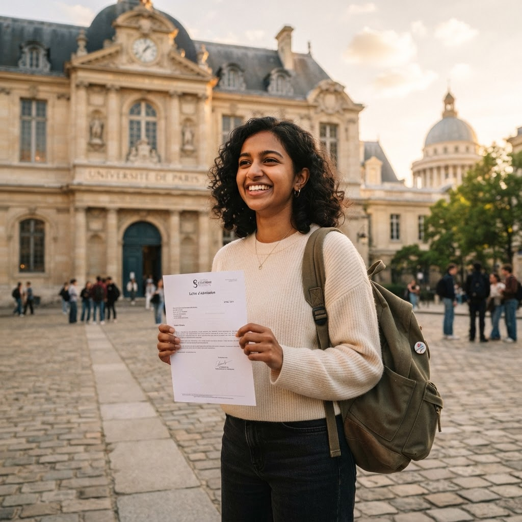 Étudiante souriante tenant sa lettre d'admission devant une université française